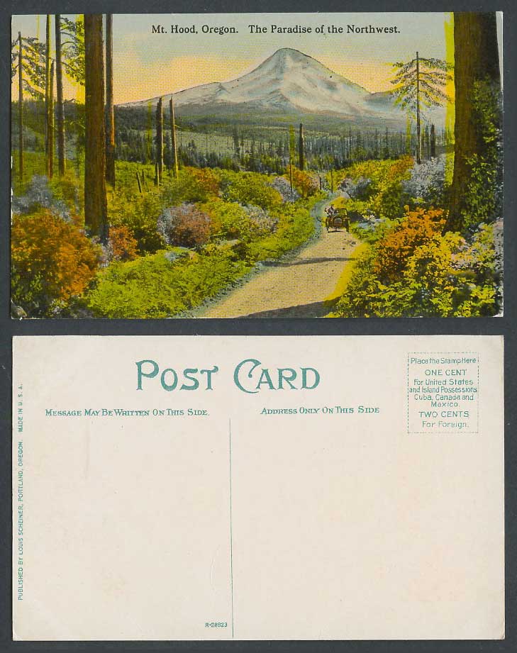 USA Old Postcard Mt. Hood Volcano Oregon Paradise of Northwest, Street Scene Car