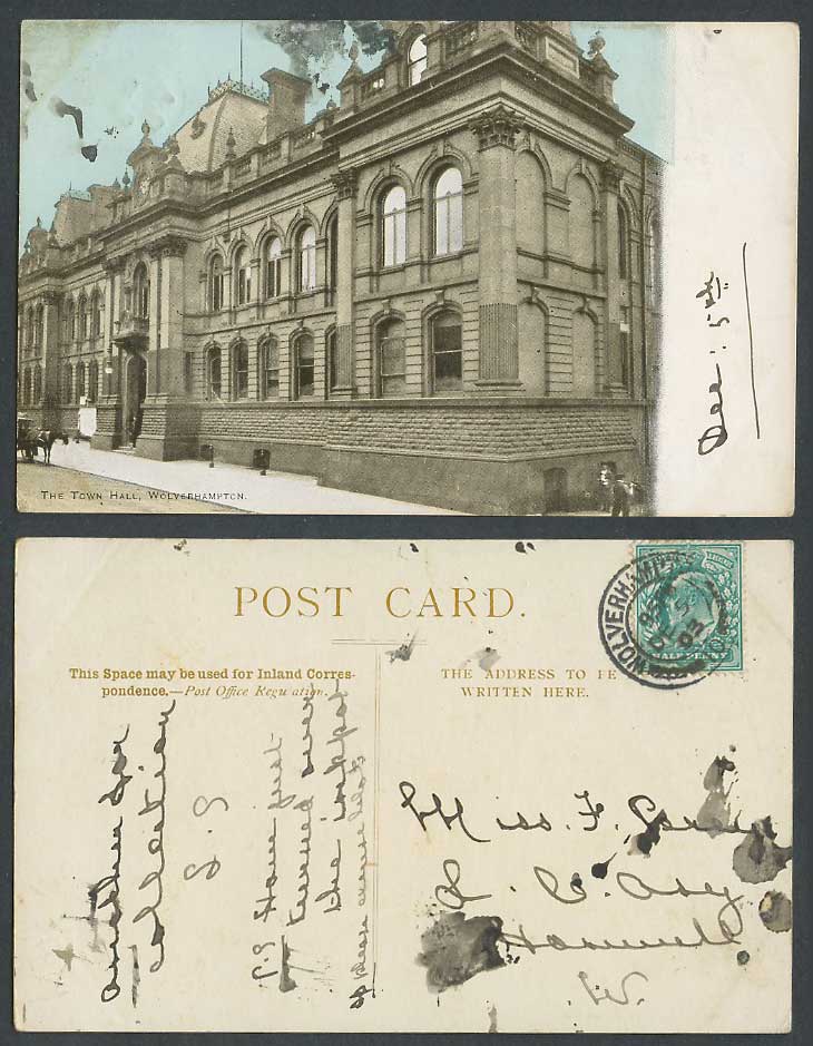 Wolverhampton KE7 1/2d 1903 Old Colour Postcard Town Hall Building, Street Scene
