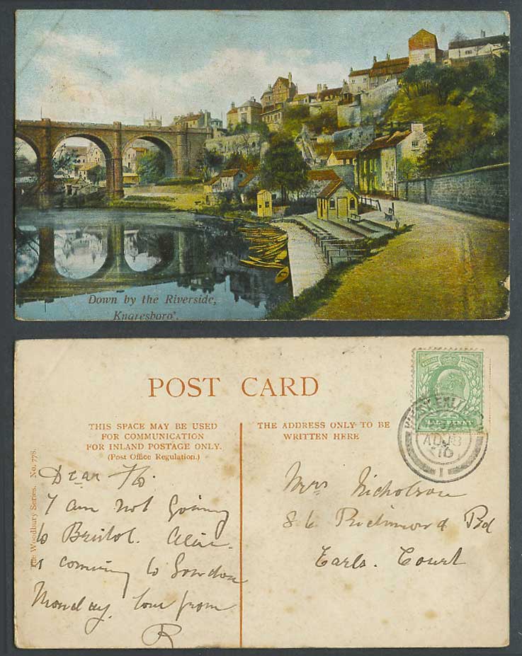 Knaresborough Down by Riverside Knaresboro 1910 Old Postcard Viaduct Bridge Boat