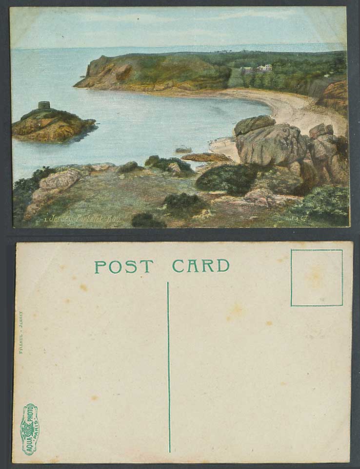 Jersey Old Colour Postcard Portelet Bay Round Tower On Small Isle Beach Panorama