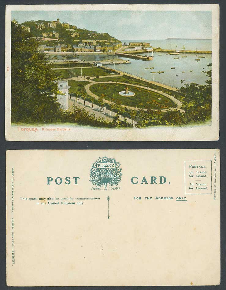 Torquay Devon Old Colour Postcard Princess Gardens, Fountain Harbour Boats Piers