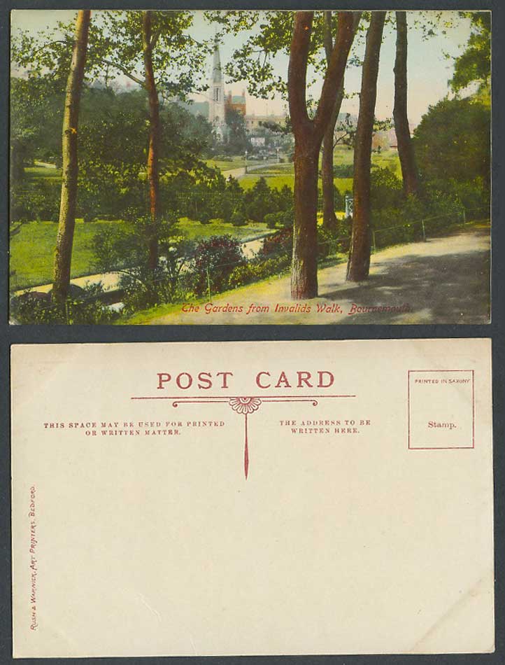 Bournemouth, The Gardens from Invalids Walk Dorset Old Colour Postcard Cathedral