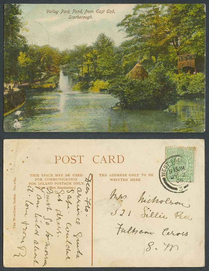 Scarborough 1909 Old Postcard Valley Park Pond from East End Fountain, Yorkshire