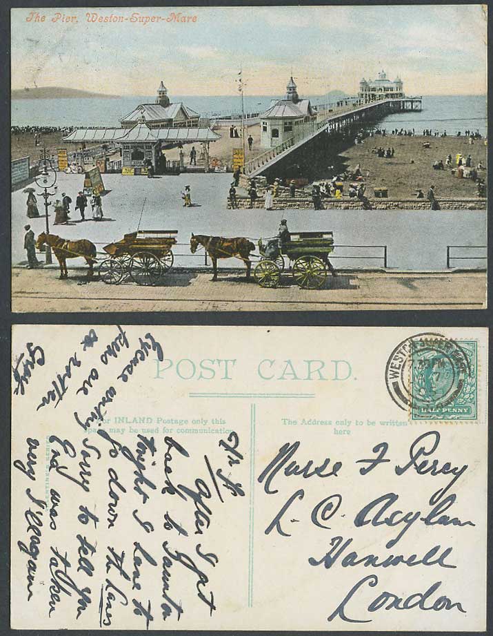 Weston-Super-Mare 1905 Old Colour Postcard The Pier, Pavilion, Horse Carts Beach