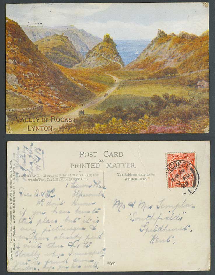 A.R.Q. AR Quinton 1922 Old Postcard Valley of Rocks, Lynton, Devon, Panorama 969