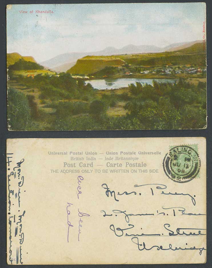 India 1908 Old Colour Postcard General View of Khandalla, River or Lake Panorama
