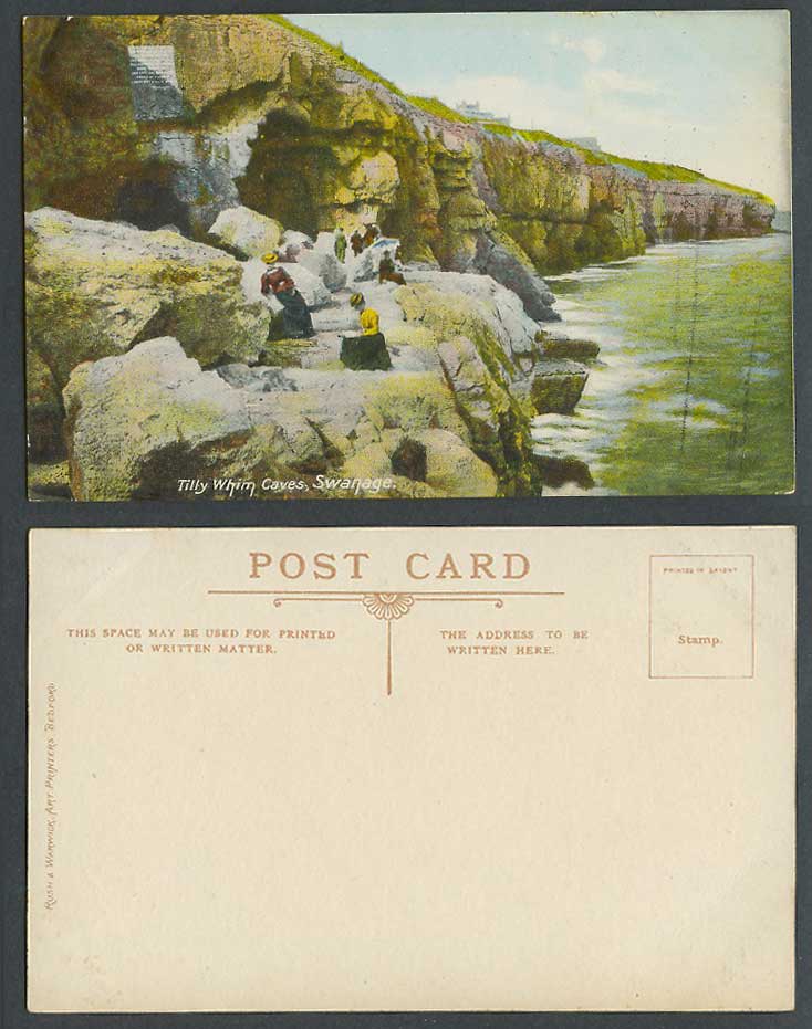 Swanage, Tilly Whim Caves, Dorset, Rocks Cliffs Women Ladies Old Colour Postcard