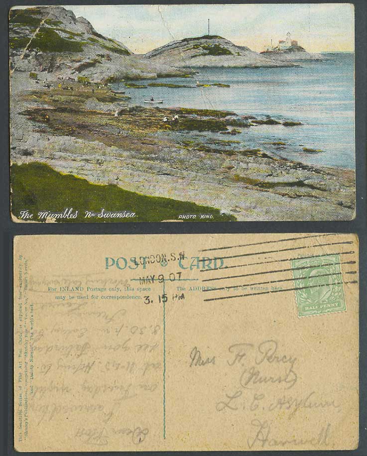 The Mumbles near Swansea, Lighthouse, Seaside Panorama 1907 Old Colour Postcard