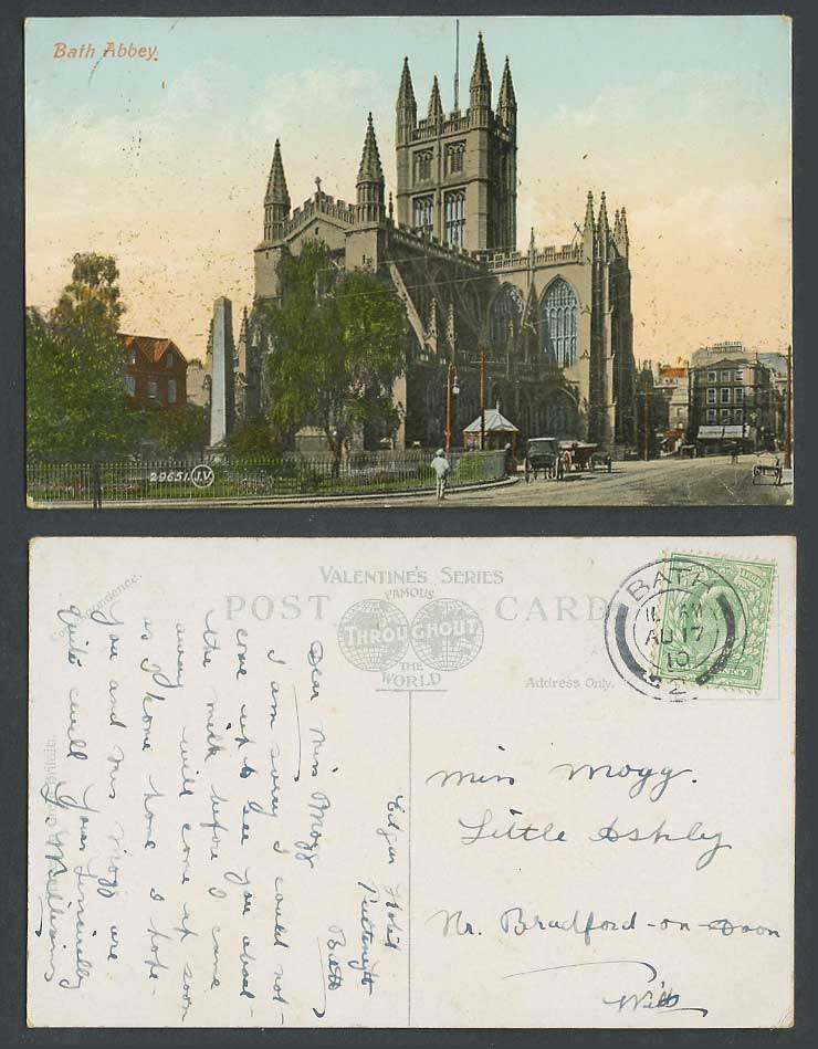 Bath Abbey Somerset 1910 Old Colour Postcard Street Scene Monument Memorial Cart