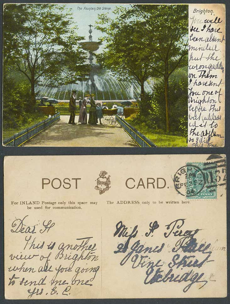 Brighton Sussex 1904 Vintage Postcard The Fountain, Old Steine Gardens Pushchair