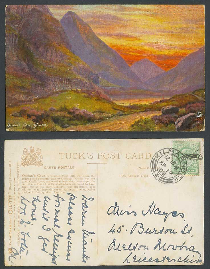 Glencoe Ossian's Cave, Sheep Lake E. Longstaffe 1909 Old Tuck's Oilette Postcard