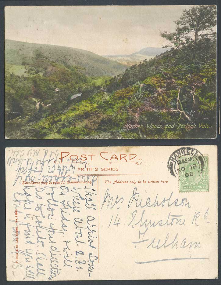 Porlock Vale, Horner Woods Somerset 1908 Old Hand Tinted Postcard Frith's Series