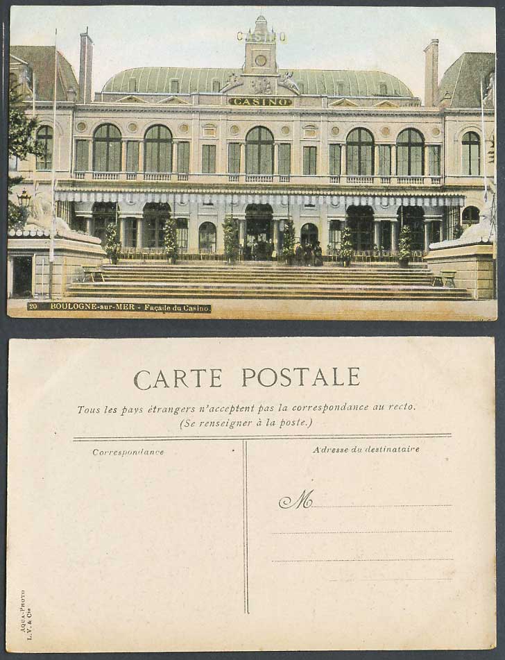 France Boulogne-sur-Mer Old Colour Postcard Facade du Casino Front Steps Statues