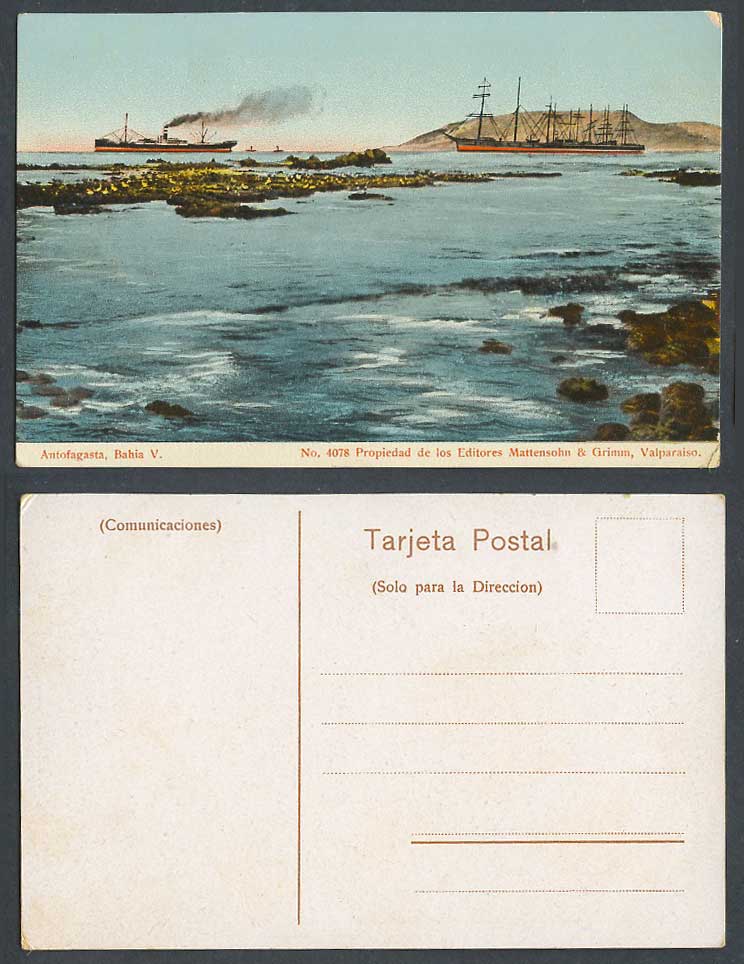 Chile Old Colour Postcard Antofagasta Bahia V. Steamer Steam Ship Ships Panorama