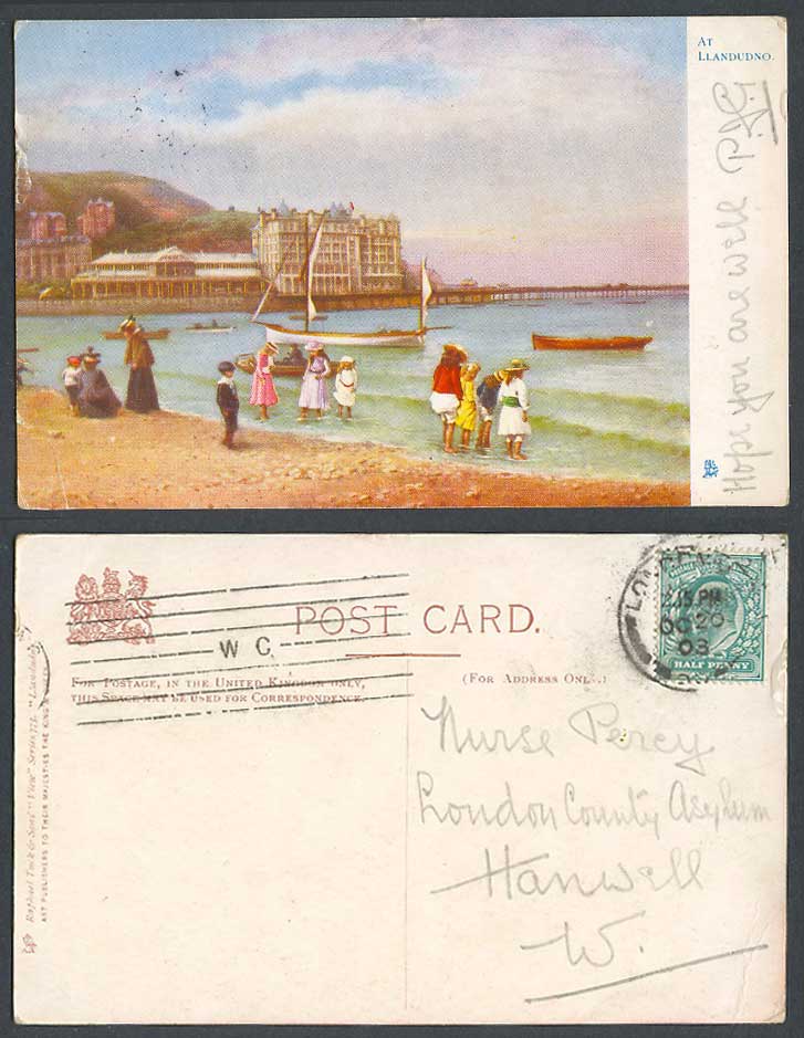 Llandudno Tuck's View 1903 Old Postcard Beach Pier Boats Girls, Seaside Panorama