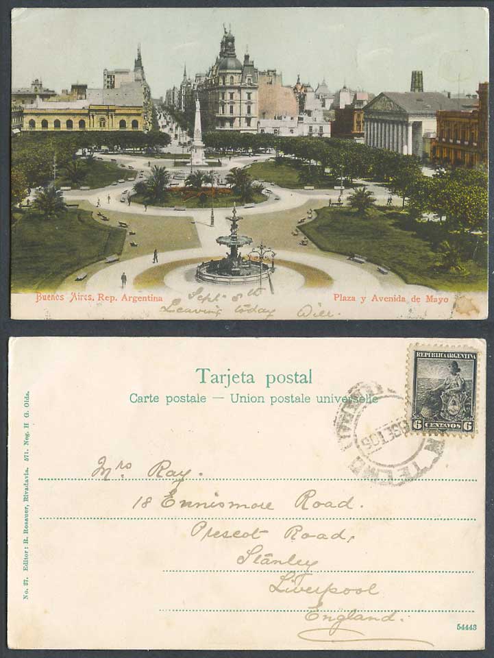 Argentina Buenos Aires 1906 Old UB Postcard Buenos Aires Plaza y Avenida de Mayo
