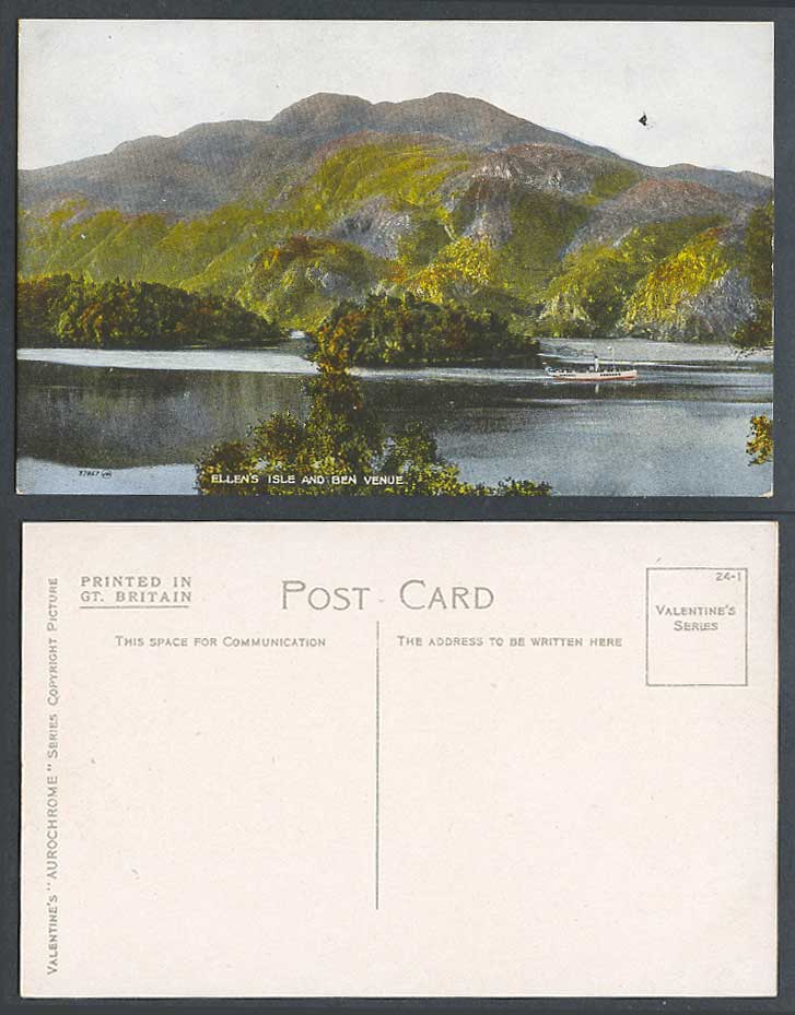 Ellen's Isle and Ben Venue, Loch Katrine, Mountains Panorama Old Colour Postcard