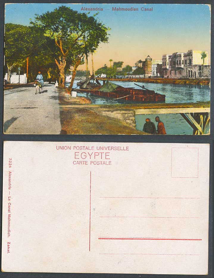 Egypt Old Colour Postcard Alexandria Mahmoudieh Canal, Boats Bridge Donkey Rider