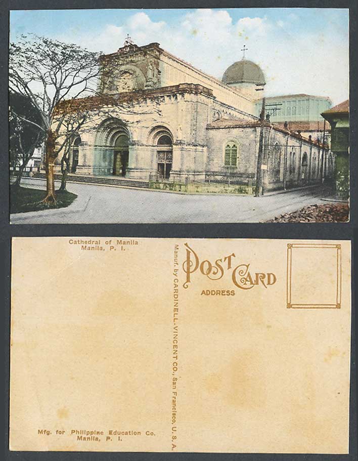 Philippines Old Colour Postcard Cathedral of Manila Church Street Scene Cross PI