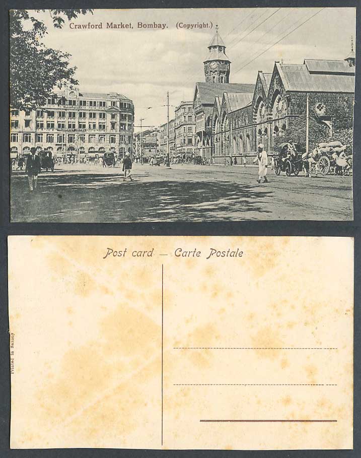 India Old Postcard Crawford Market Bombay Orient Hotel, Street Scene Clock Tower