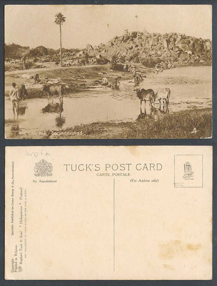 India Old Tuck's Postcard One Tree Hill, Secunderabad, River, Washerwomen Cattle