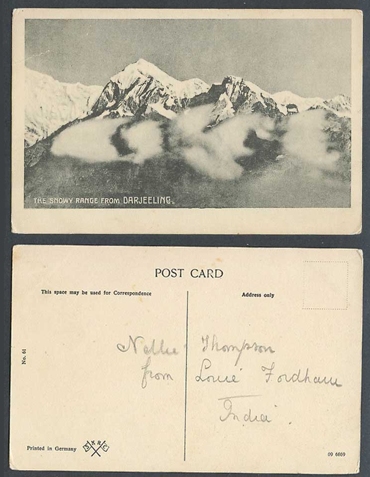 India Old Postcard Snowy Range from Darjeeling Snow Mountains Clouds SKRC No. 61