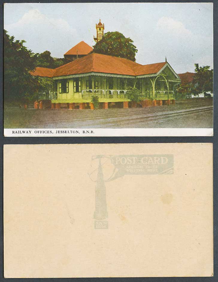 British North Borneo Old Postcard Railway Offices Jesselton Clock Tower Railroad
