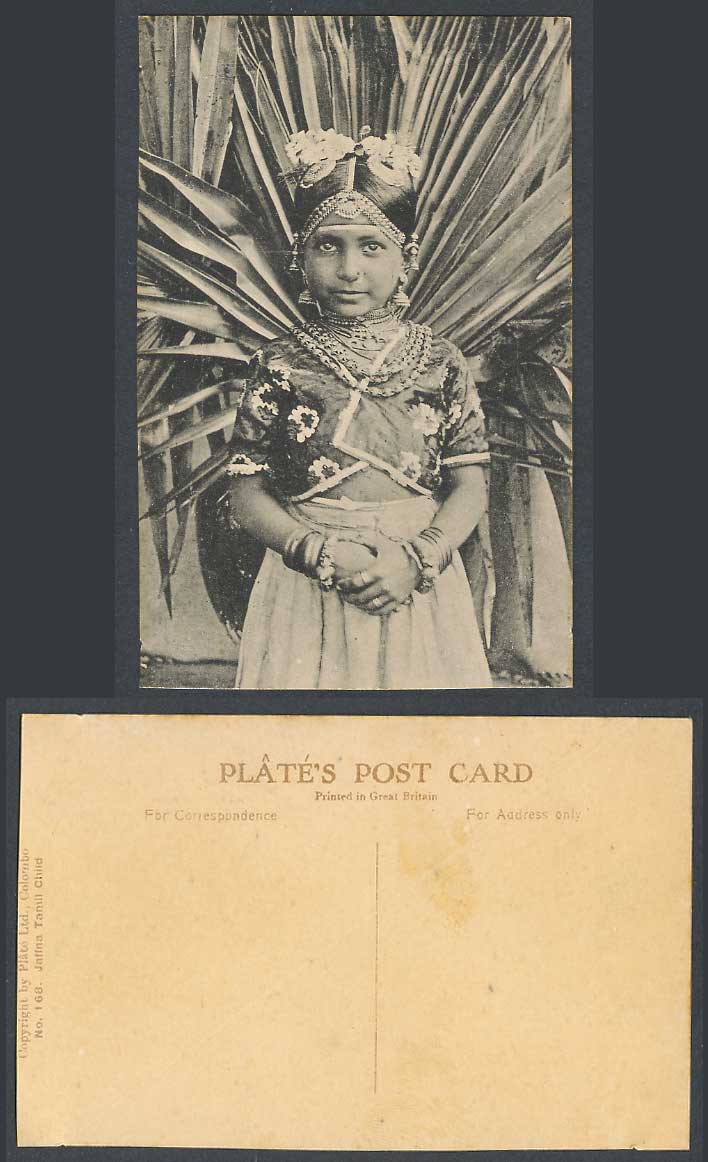 Ceylon Old Postcard Jaffna Tamil Child, Little Girl Traditional Costumes Plate's