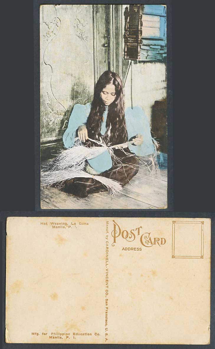 Philippines Manila Native Girl Lady Weaver Weaving La Guna Hat Old Postcard P.I.