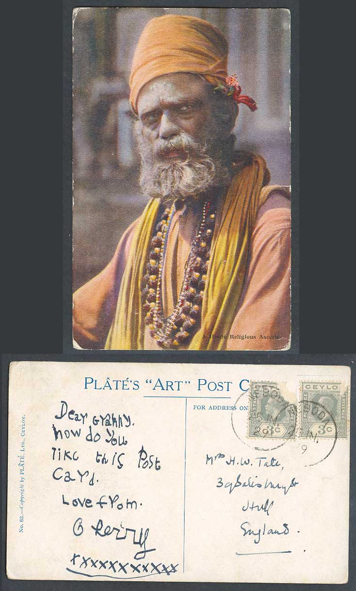 Ceylon 1929 Old Colour Postcard A Hindu Religious Ascetic Costumes Plates Art 63