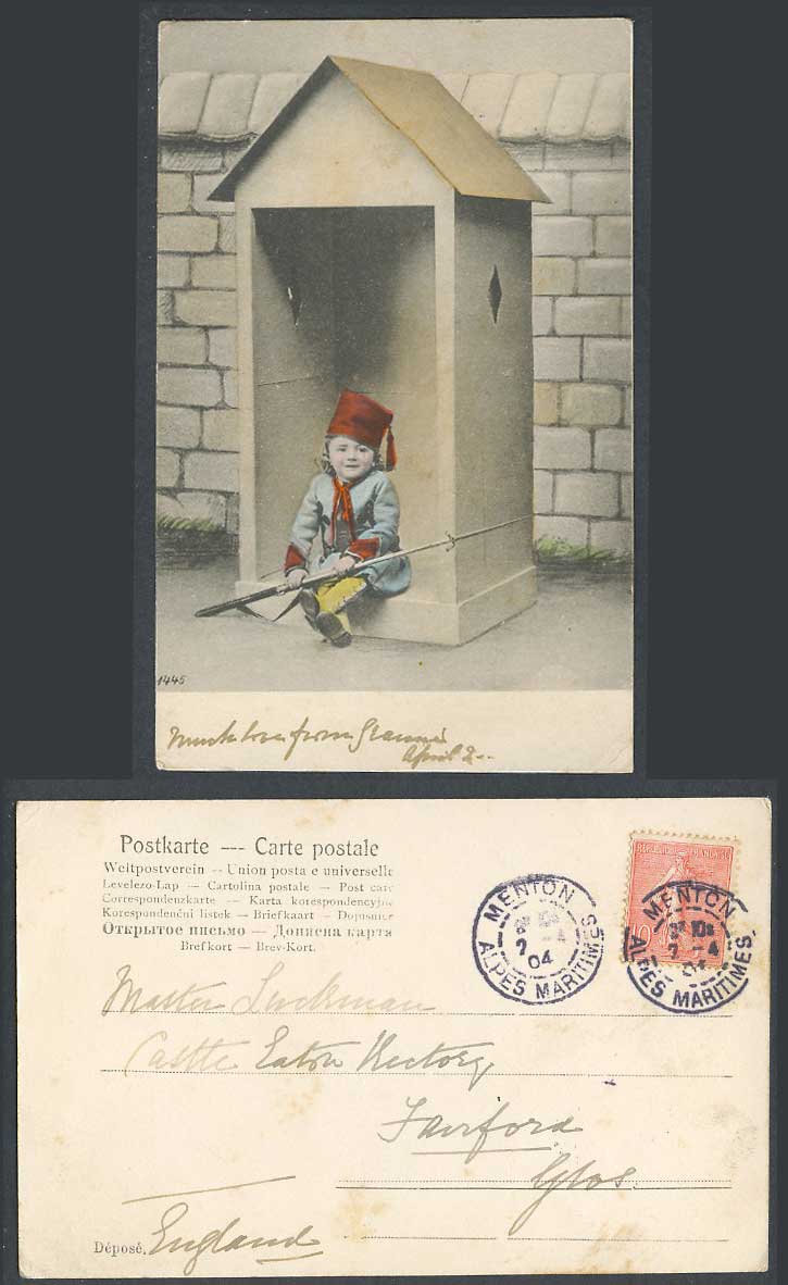 Little Soldier Guard with a Bayonet, French 10c 1904 Old Hand Tinted UB Postcard