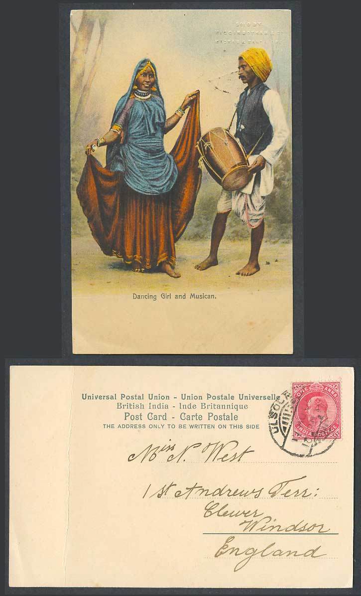 India KE7 1a 1905 Old Postcard Native Dancing Girl Musician, Dancer Drummer Drum