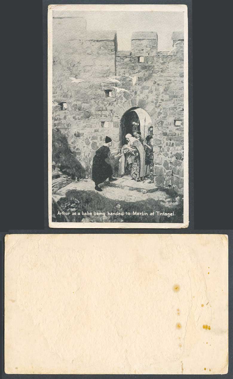 Arthur as a Babe being handed to Merlin at Tintagel, Gate Old Card Postcard Size