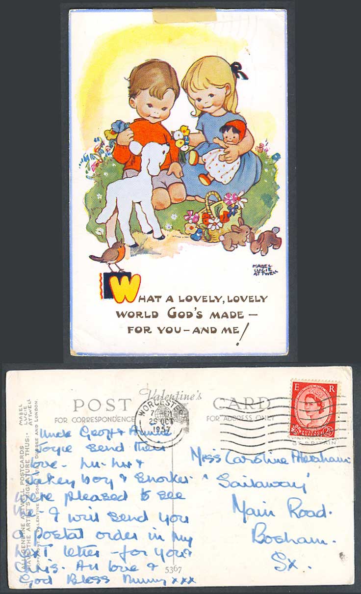 MABEL LUCIE ATTWELL 1927 Old Postcard Lovely World God's Made For U Me Lamb 5367