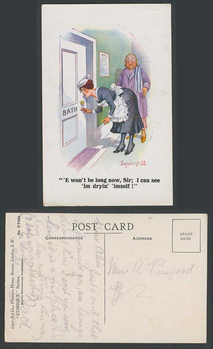 Donald McGill Old Postcard Hotel Bath, 'E won't be long now I can see 'im dryin'