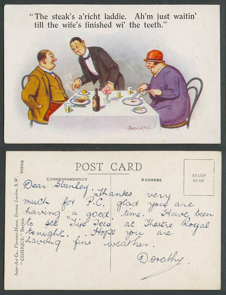 Donald McGill Old Postcard steak's a'richt Waitin' till wife's finished wi teeth