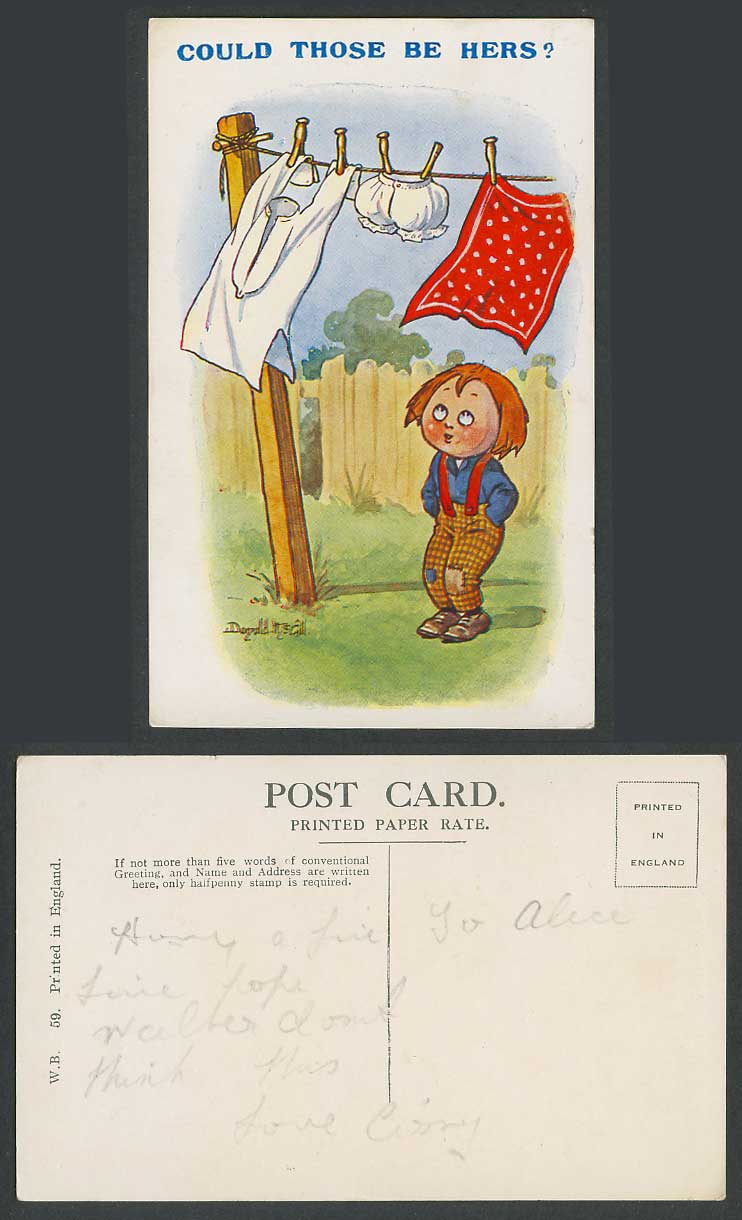 Donald McGill Old Postcard Could Those Be Hers? Line of Clothes, Underpants, Boy