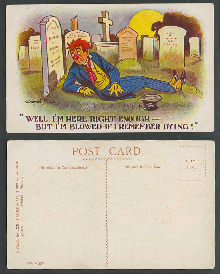 Donald McGill Old Postcard Drunk Man Cemetery I'm Blowed If I Remember Dying 332