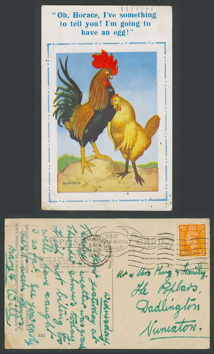 Donald McGill 1946 Old Postcard Rooster Hen Birds, I'm going to have an egg! 432