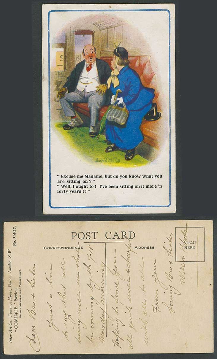 Donald McGill Old Postcard I've Been Sitting On It More'n Forty Years Bowler hat