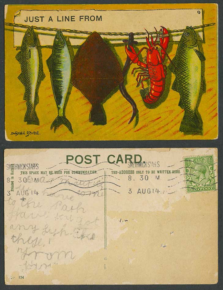 Donald McGil Signed Comic 1914 Old Postcard Plaice Fish Lobster Just a Line From