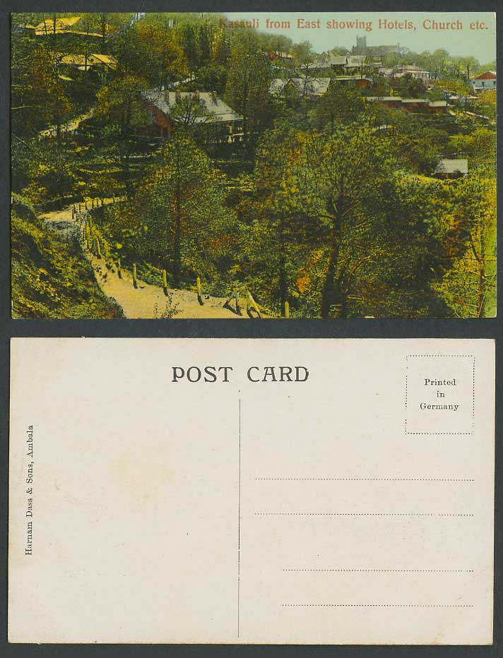 India Old Colour Postcard Kasauli from East showing HOTELS CHURCH etc Path Road