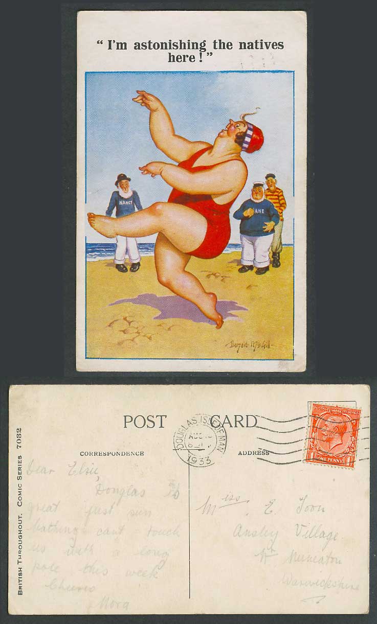 Donald McGill 1933 Old Postcard I'm astonishing the natives here! Fat Lady Woman