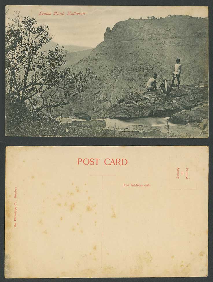 India Old Postcard Louisa Point Matheran 3 Native Men on Mountain Top River Rock
