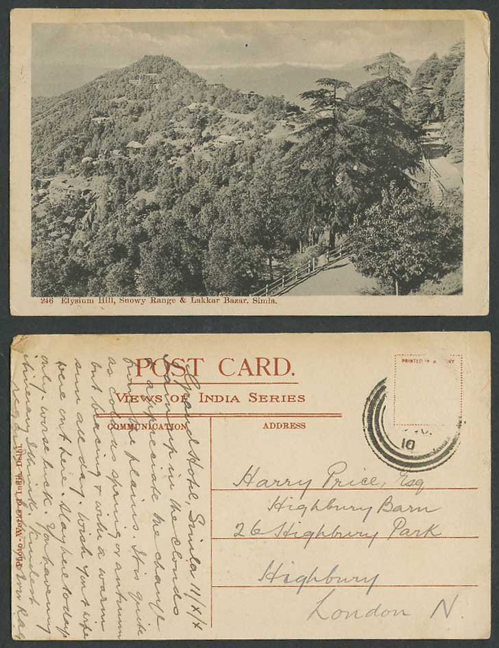 India 1910 Old Postcard Elysium Hill, Snowy Range Mountains, Lakkar Bazar, Simla