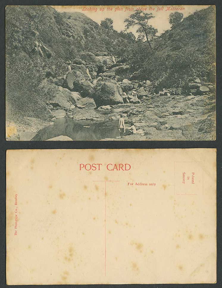 India Old Postcard Looking Up The Glen from above The Fall, MATHERAN, Rocks, Men