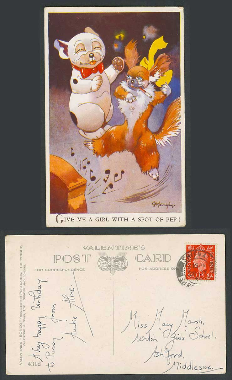 BONZO DOG G.E. Studdy 1939 Old Postcard Give me a Girl with a Spot of Pep! 4312