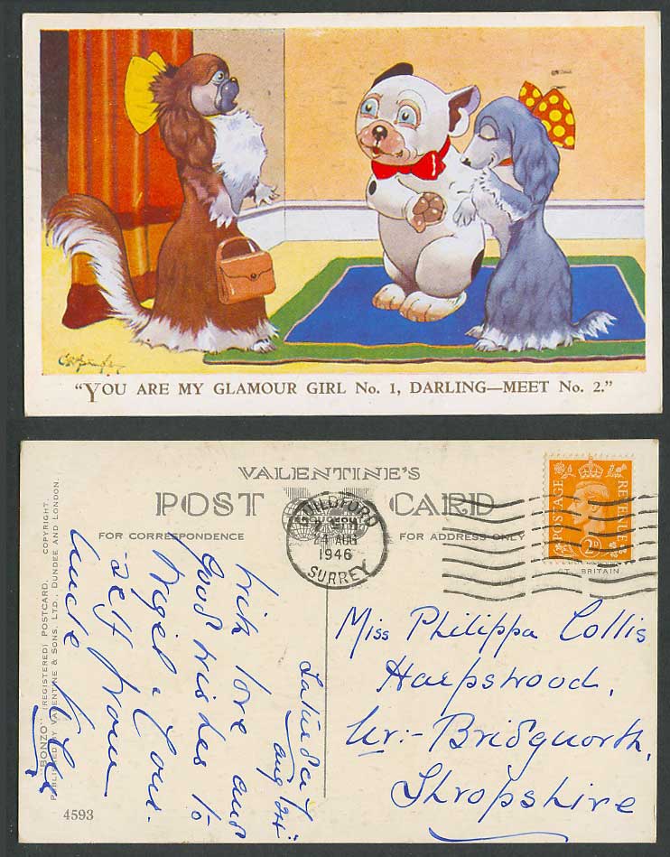 BONZO DOG GE Studdy 1946 Old Postcard You Are My Glamour Girl No.1 Meet N.2 4593