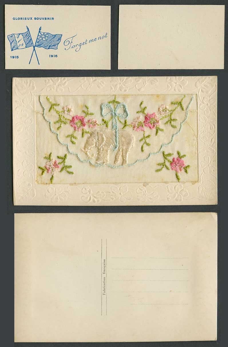 WW1 SILK Embroidered Old Postcard White Elephant Forget Me Not 1915 Flags Wallet