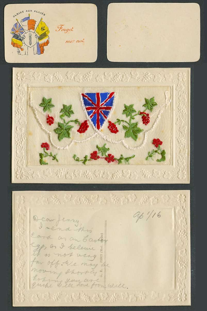 WW1 SILK Embroidered 1916 Old Postcard Gloire Aux Allies, Flags, Forget Me Not